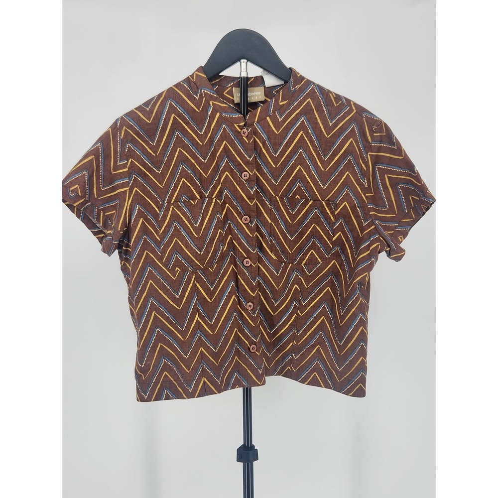 Liz Claiborne Lizwear Brown Chevron Linen Cotton Button Down Shirt Womens 10